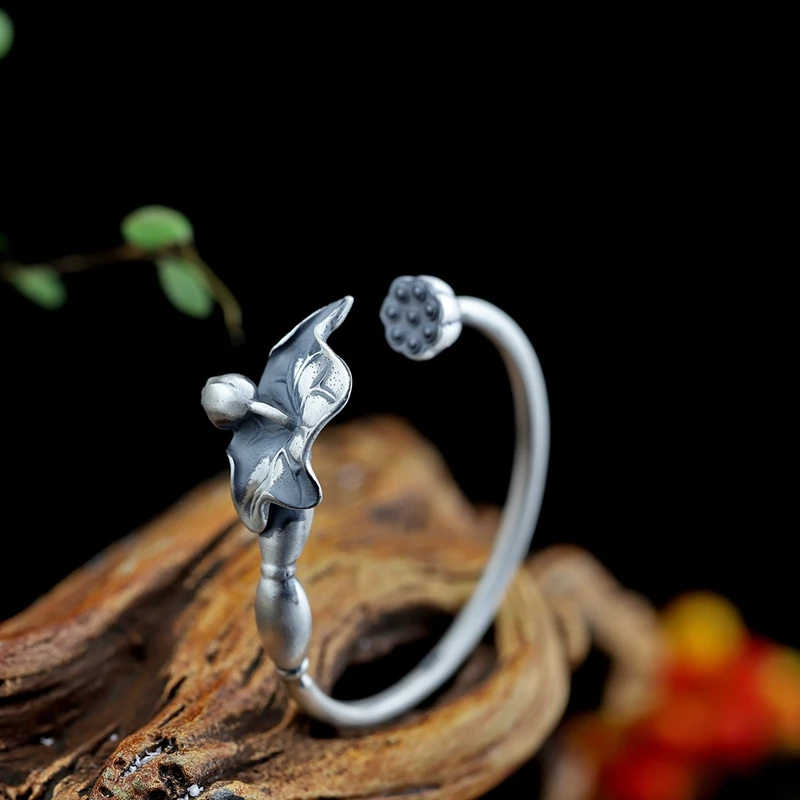 

LouLeur 999 sterling silver lotus bangles handmade vintage charms sterling silver lotus leaves bangles for women silver jewelry