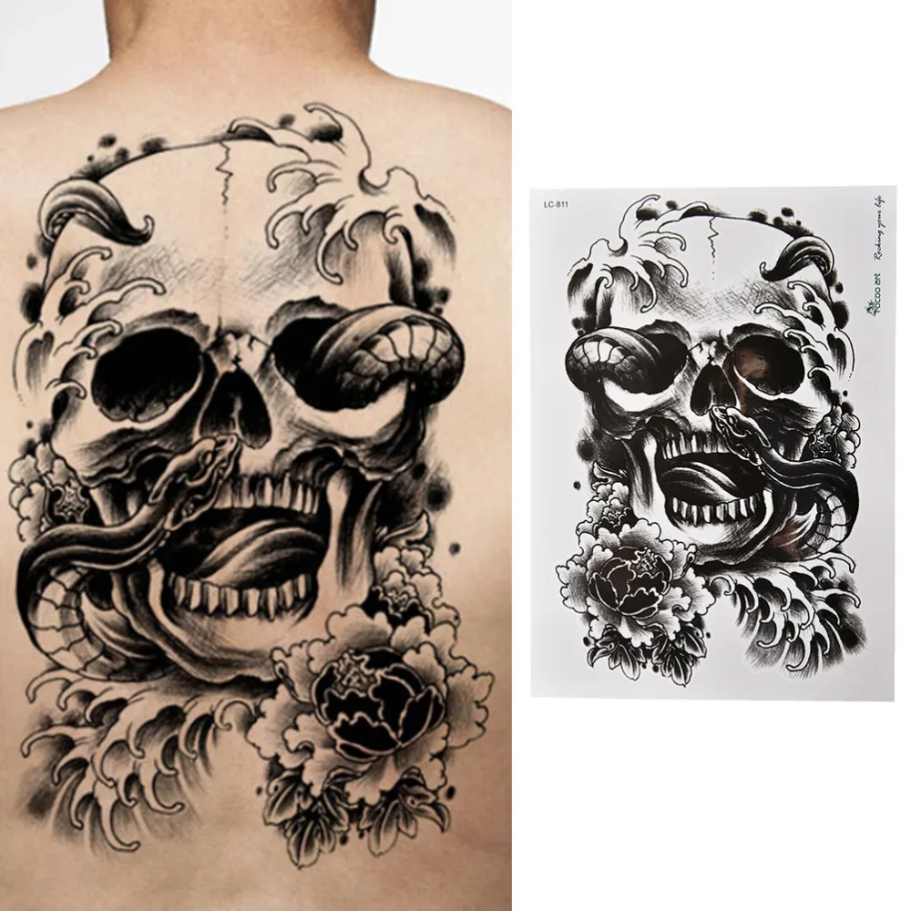 Best Selling Waterproof Black Scary Skull Temporary Tattoo Large Arm