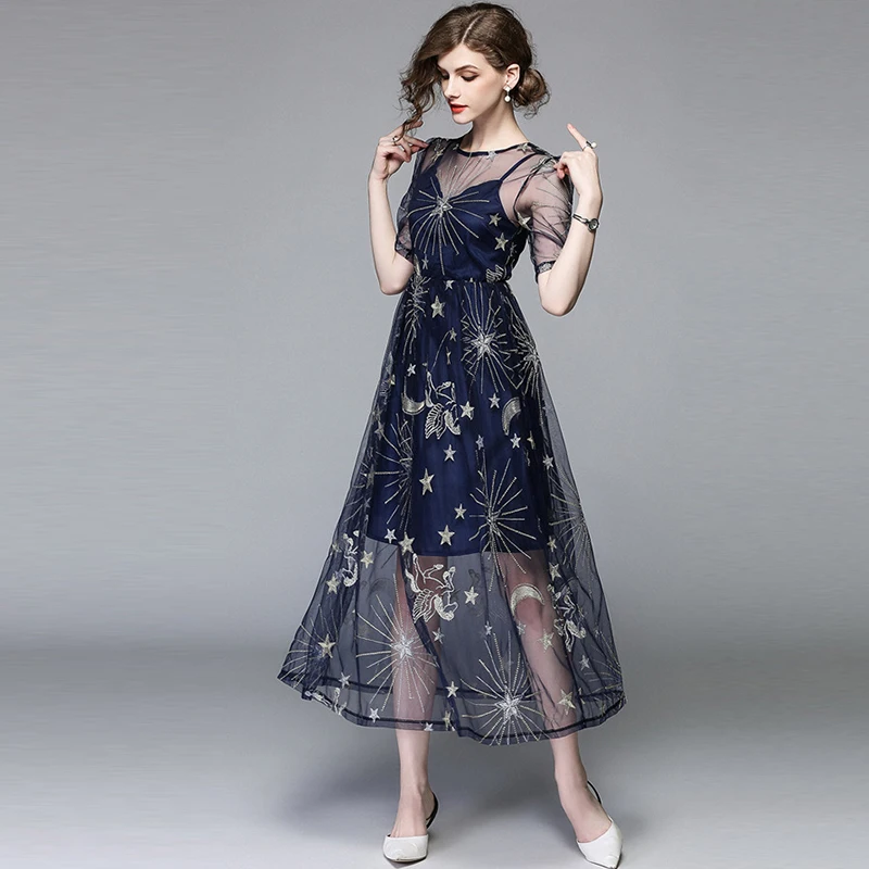 

Nantersan Summer Women's Mesh Embroidery Dress Elegant Empire Patchwork Short Sleeve O-neck Long Dress Vestido Maxi Dress