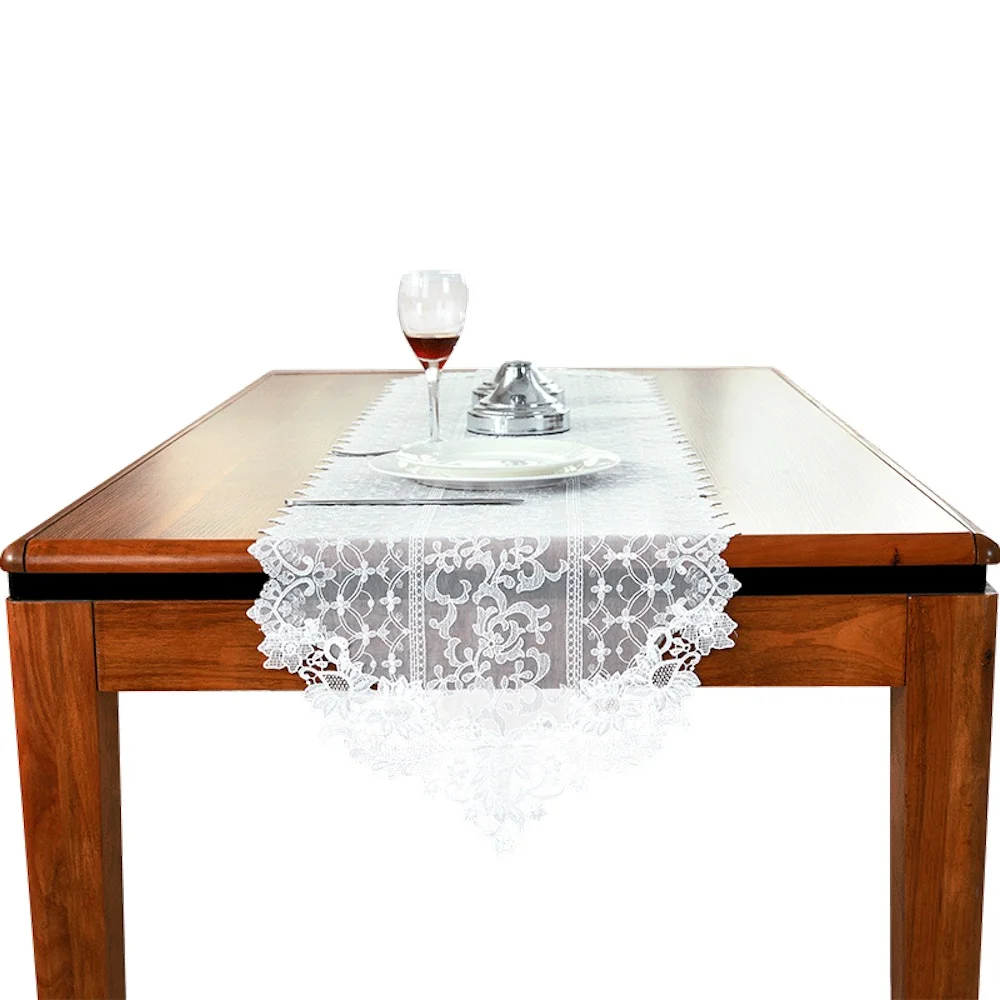Embroidered Lace Table Runner TV Bench Stand End Table Cover Decoration 40cm x 70 90 120 150 180 210 250 280cm White