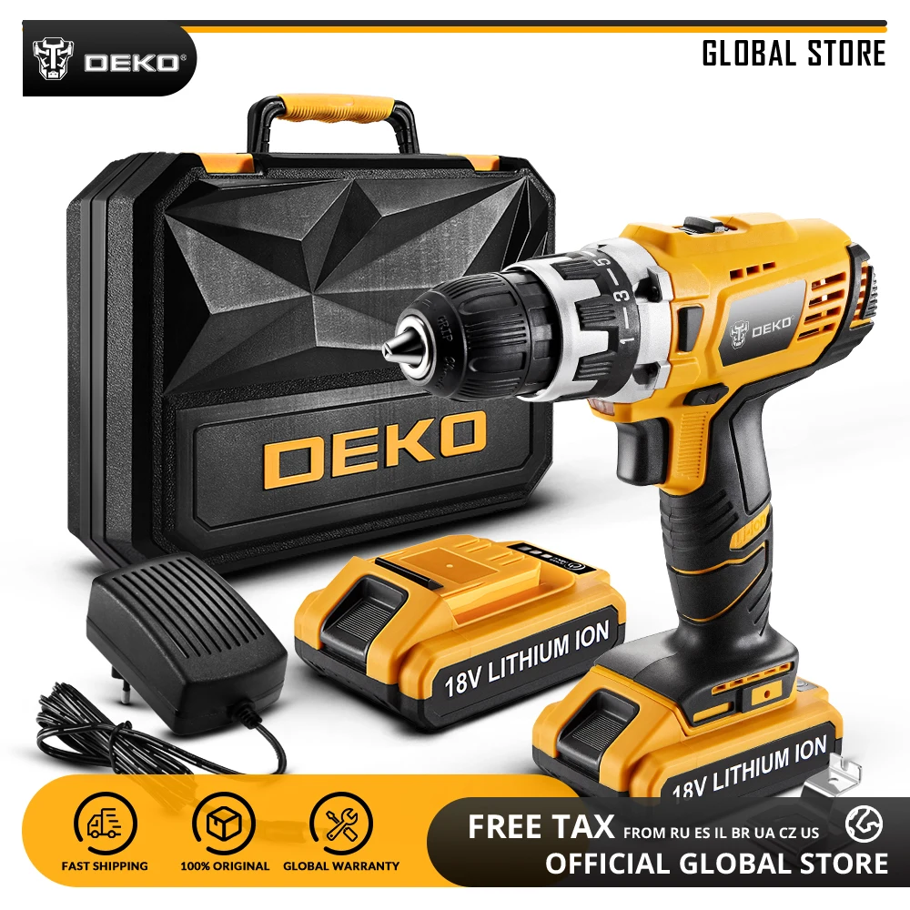

DEKO GCD18DU2 18V Mini Power Driver LED 2 Speed Lithium-Ion Cordless Drill Home DIY Electric Screwdriver 2 Battery X Box BMC