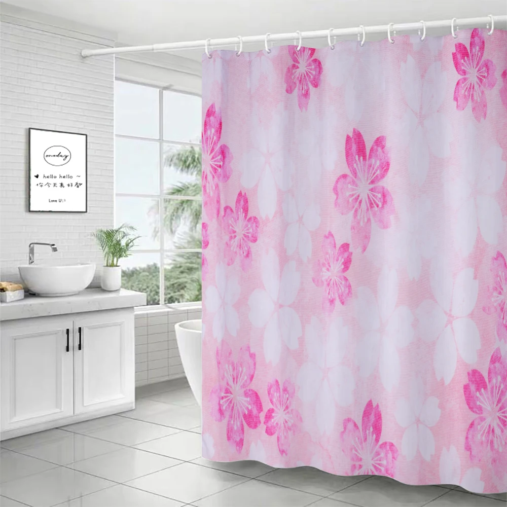 

Pink Cherry Blossoms Flower Waterproof Polyester Fabric Shower Curtain Set with Hooks Doormat Bath Floor Mat Bathroom Home Decor