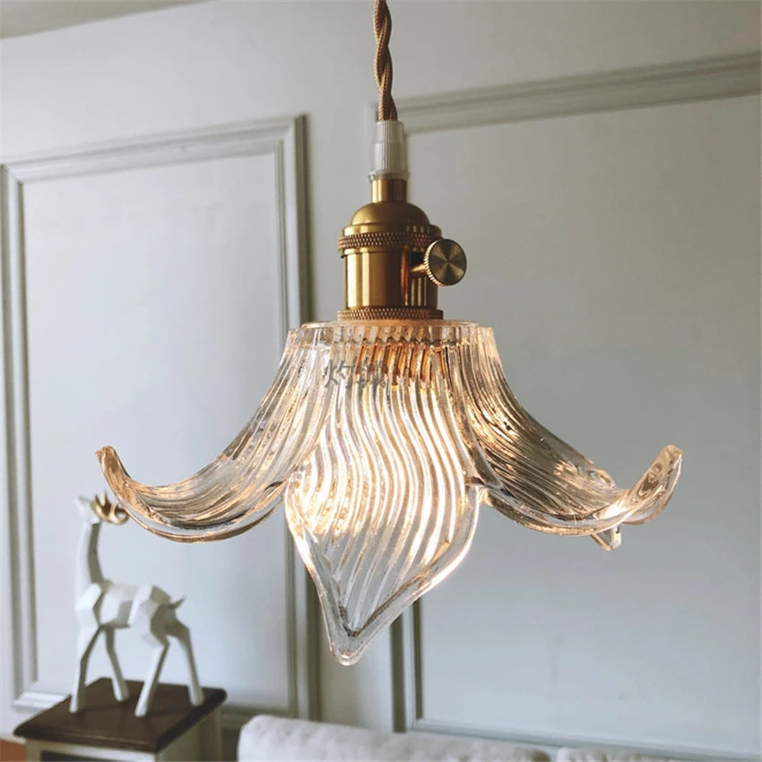 Loft Handmade Retro Brass Glass Flower Pendant Lights Bar Table Hanging Lamp Bedside Bedroom ...