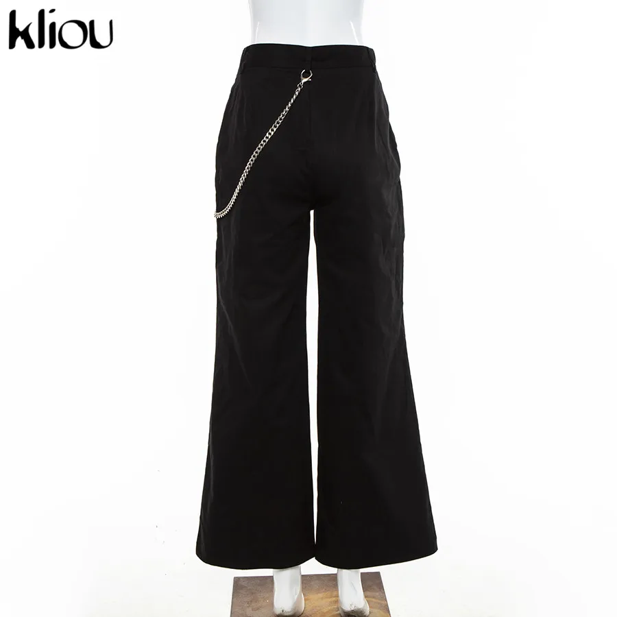 Kliou Новые женские модные длинные брюки клёш однотонные штаны с карманами украшенные цепью повседневные яркие брюки
