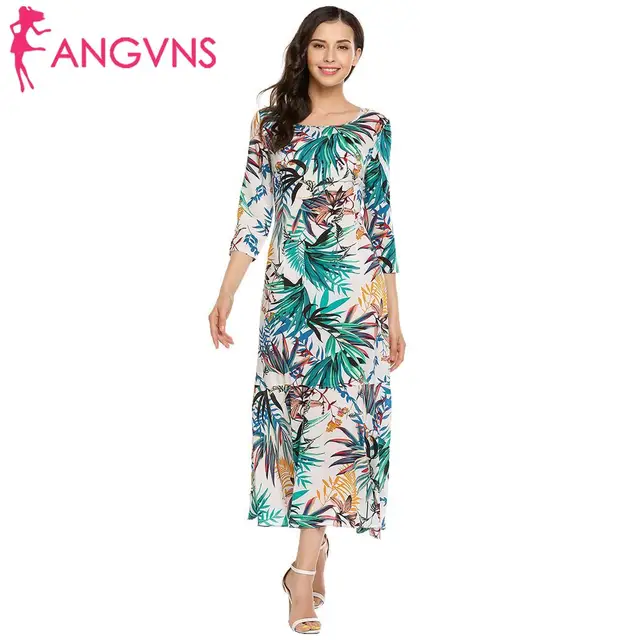Angvns Women Formal Tropical Print Dresses Fl Mermaid Vestido Angvns Women Formal Tropical Print Dresses Fl Mermaid Vestido Elegant 3 4 Sleeve Asymmetrical Pleated