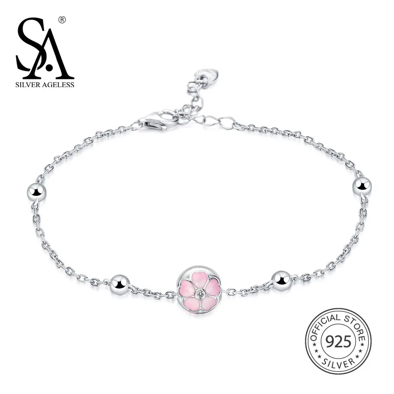 

SILVER AGELESS 925 Sterling Silver Pink Flower Bracelets & Bangles For Women AAA Zirconia 925 Silver Charm Bracelets Jewelry
