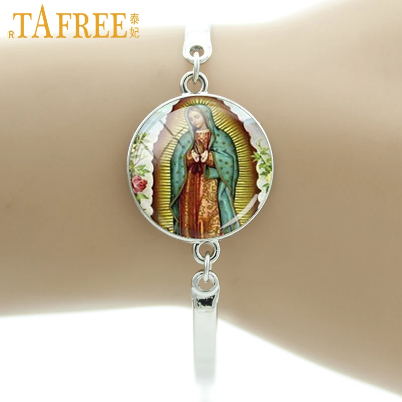 TAFREE Our Lady of Guadalupe браслет посеребренный Девы Мэри религиозный католический стеклянный округлый объемный Браслет Модные женские ювелирные изделия D1010