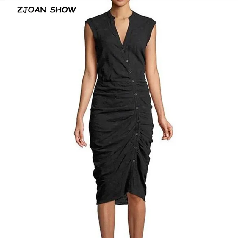 

2019 Retro Ruched Pleated Blue white Striped Sleeveless Dress Black Elegant Woman Single-breasted Buttons Dresses OL Vestidos