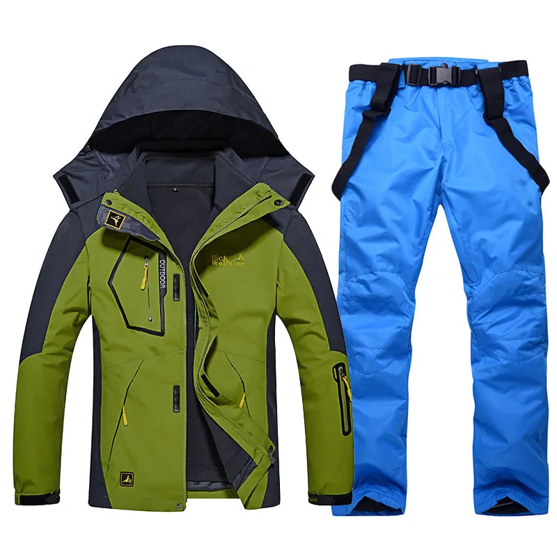 Лыжный костюм для мужчин, зимний теплый водонепроницаемый ветрозащитный дышащий сноуборд куртки и лыжные штаны, мужской лыжный зимний комплект одежды - Цвет: Green     Royal blue