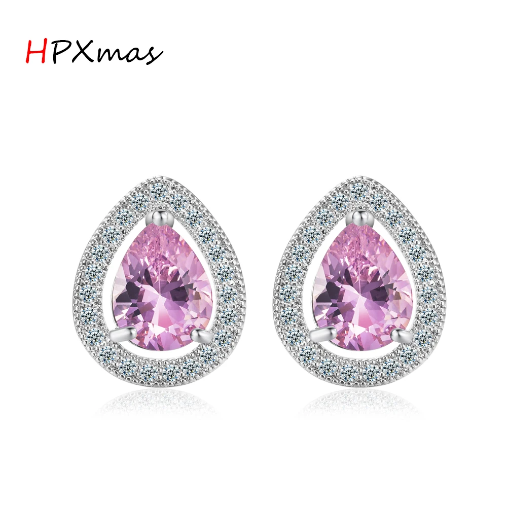 

HPXmas Water Drop Pink Crystal Nature Stone CZ Stud Earrings Women Jewelry Accessory Girl Friends gift B4