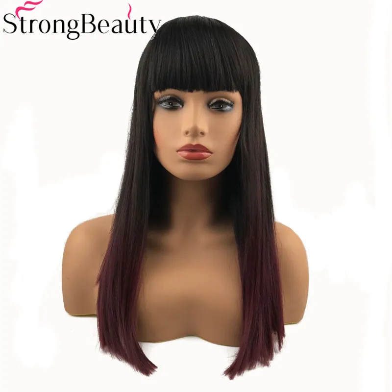 

StrongBeauty Long Straight Wigs Synthetic Hair Darkest Brown And Red Ombre Wig