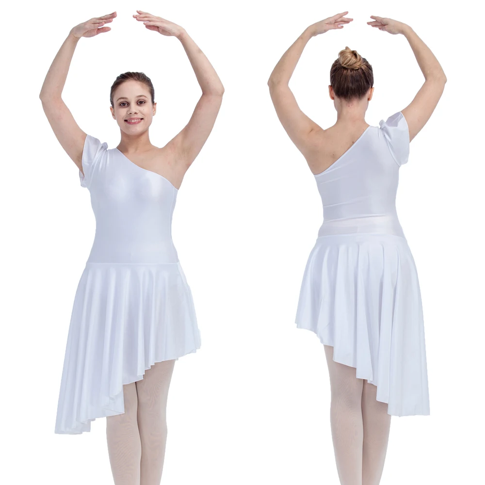 

White Shiny Lycra Leotard Dance Dress Skirts One Shoulder Performance Costume Latin Dancing