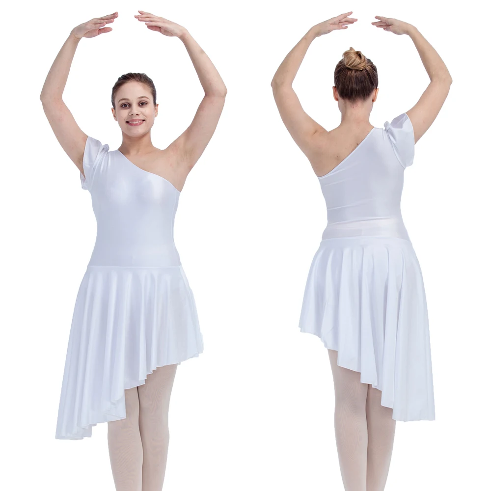 화이트 반짝 라이크라 레오타드 댄스 드레스 스커트 한 어깨 성능 의상 라틴 댄스