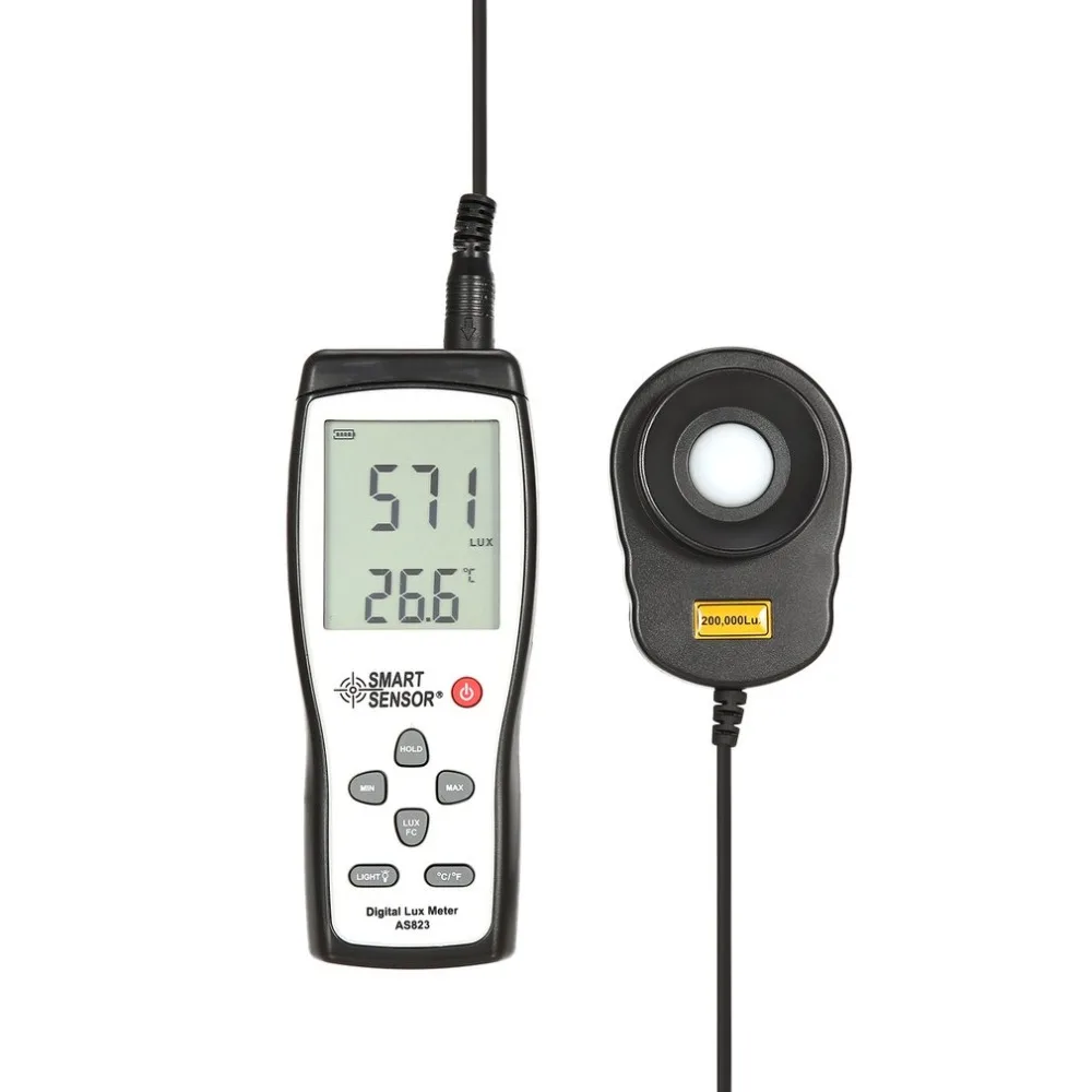 

Smart Sensor AS823 Digital Handheld Light Lux Meter Illuminance 200,000 Lux/FC Luminometer Photometer Lighting Tester Luxmeter