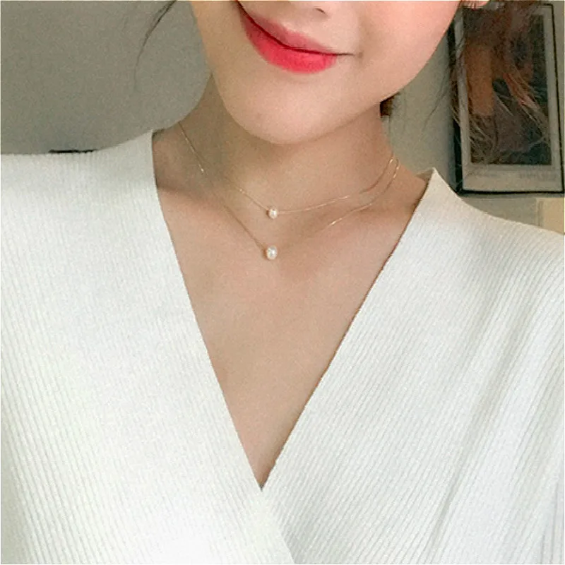 

Personality Fashion Square Imitation Pearl Crystal Zircon Pendant Necklaces Invisible Transparent Fishing Line Necklace Women