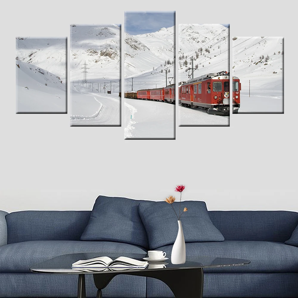 

Beautiful Snow View Red Train Poster Canvas Wall Art Frame HD Print Modular 5 Panel Living Room Bedroom Mural