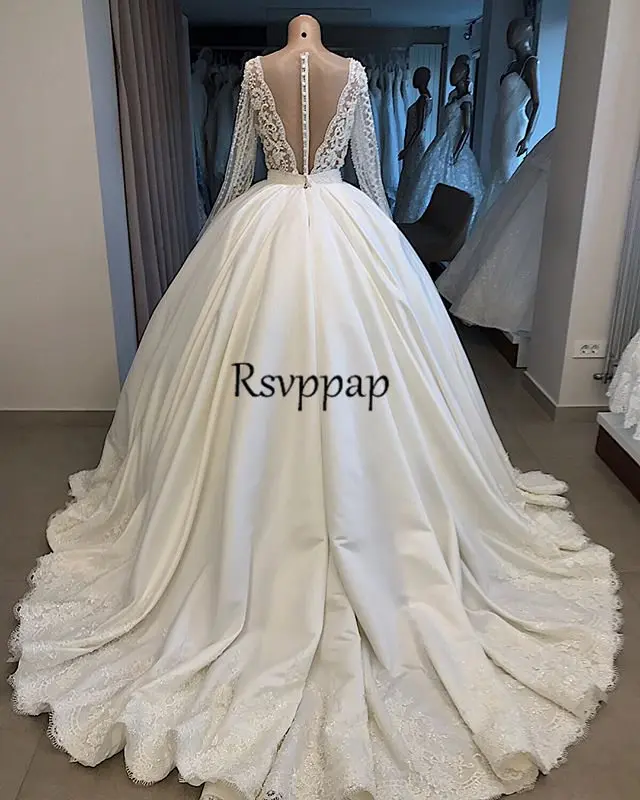 Роскошные свадебные платья прозрачное кружевное с длинным рукавом сексуальное обнаженное с v-образным вырезом сзади тяжелое жемчужное бальное платье белое атласное свадебное платье для невесты