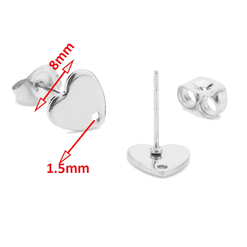 20 шт., нержавеющая сталь, 6 мм/8 мм, половинчатая форма, шпилька, основа, соединитель для сережек с открытым кольцом, для ручной работы, изготовление сережек - Цвет: Heart 8mm