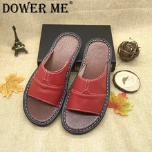 2017 Nuevo Lujo Transpirable Zapatillas Cómodas Señoras Del Verano Zapatillas de Cuero Genuino Básica Rojo Rosa Púrpura tb006