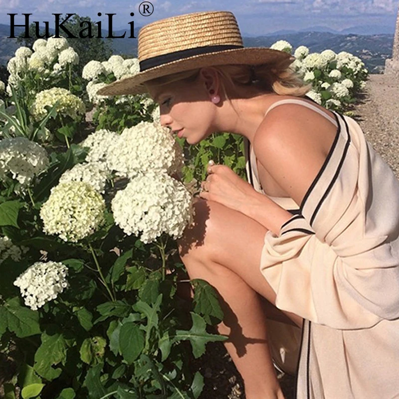 

Bowknot straw flat-topped hat British summer leisure wide-brim hats lovers hat