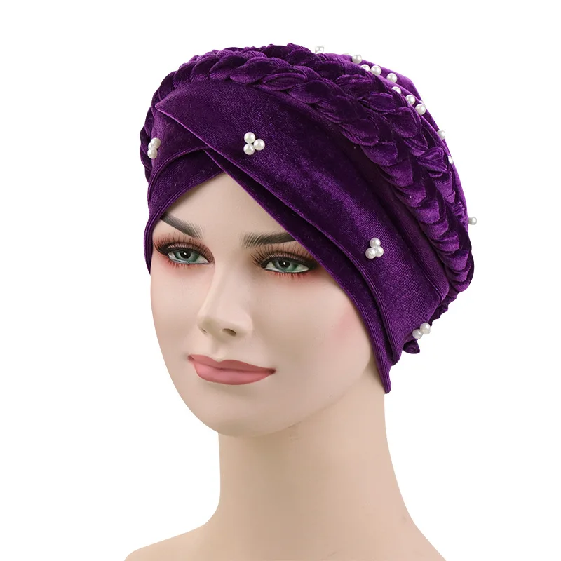 velvet beads head hijab caps turban indian hair bands for women muslim headbands headscarf hats braid Bandanas girls - Цвет: purple