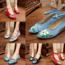 Newest Chinese Old Peking Cloth Embroidery Shoes Pointed Toe Flats Mary Janes Walking Dance Soft flat Shoes plus size 41