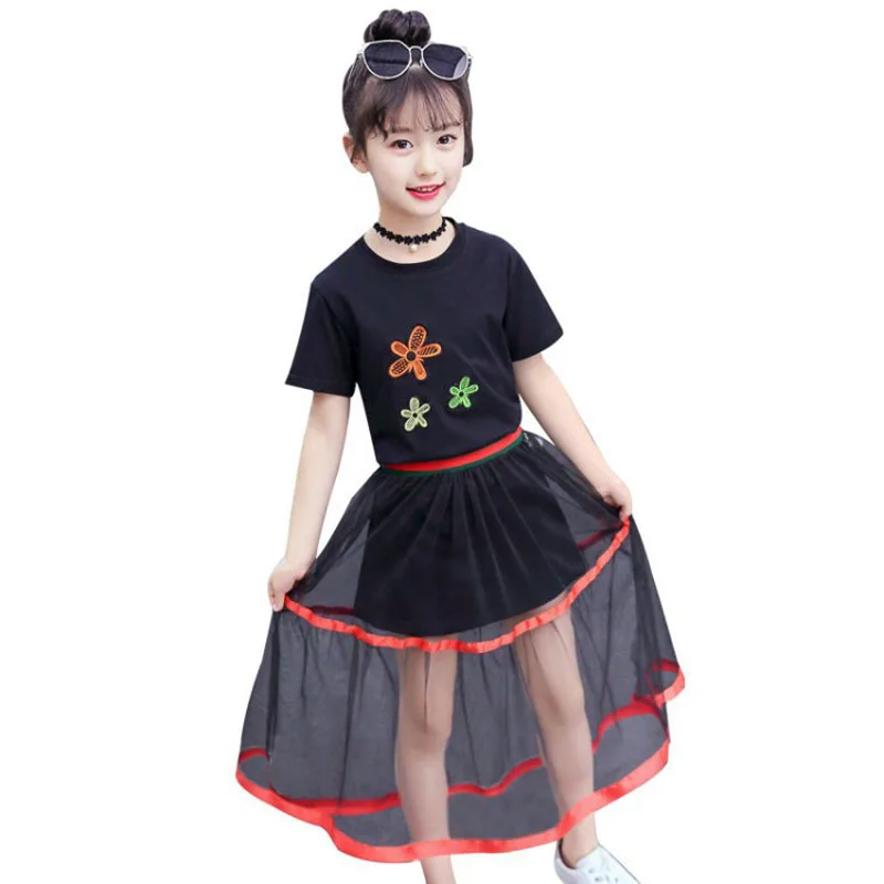 

summer fashion 2019 children sets pretty kids o-neck cotton solid embroidery flowers T-shirt + mesh dress for girls party 2Pcs