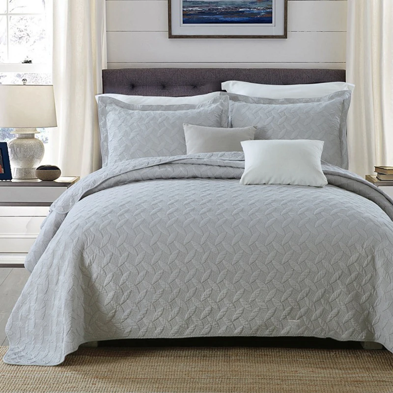 CHAUSUB Gray Solid Quality Quilt Set 3PCS Washed Cotton Quilts Bed
