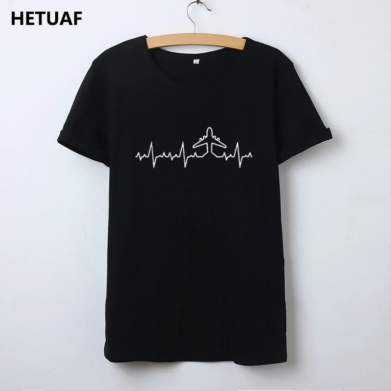 HETUAF Heartbeat Plane Pilot Футболка женская футболка с графическим круглым вырезом и принтом женская хлопковая Tumblr женская футболка Топ Camisetas Mujer - Цвет: Черный