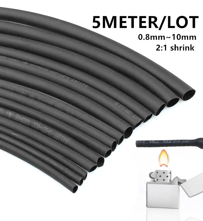 

5METER/LOT 2:1 Black 0.8mm~10mm Polyolefin Heat Shrink Tube Cable Sleeves Wrap Wire heat shrink tube DIY Connector Repair