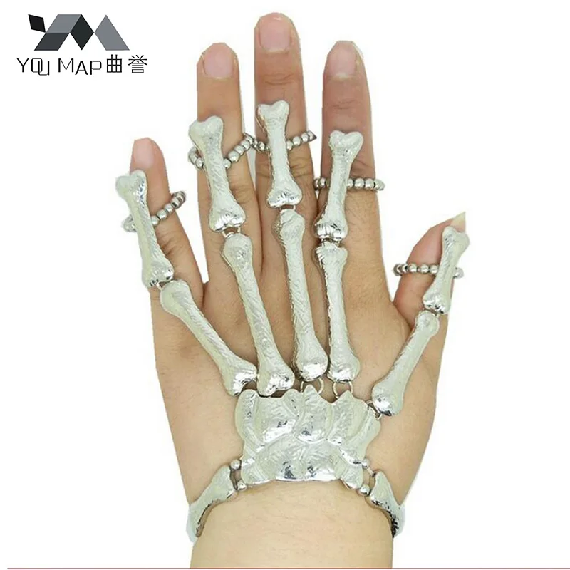 

Skeleton Hand Bracelet Red Stone Skull Bangle Nightclub Punk Finger Charm Jewelry Pulseras Mujer Moda