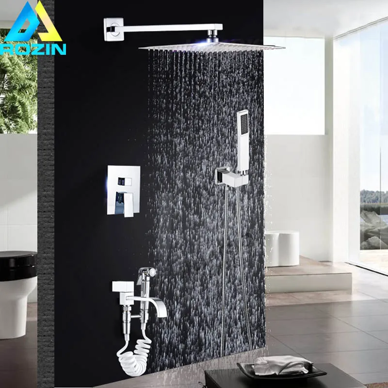 

Concealed Install Shower Faucet Wall Mounted 16 inch Rainfall Bath Shower Set Handheld Bidet Sprayer Head Swivel Spout