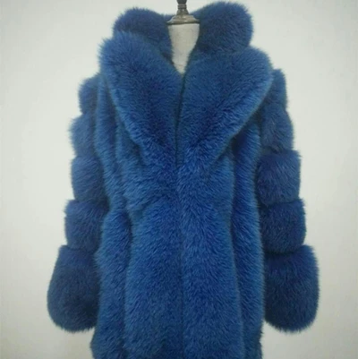Женское пальто из натурального Лисьего меха с отложным воротником, зимняя толстая Тонкая теплая куртка из лисьего меха - Цвет: blue
