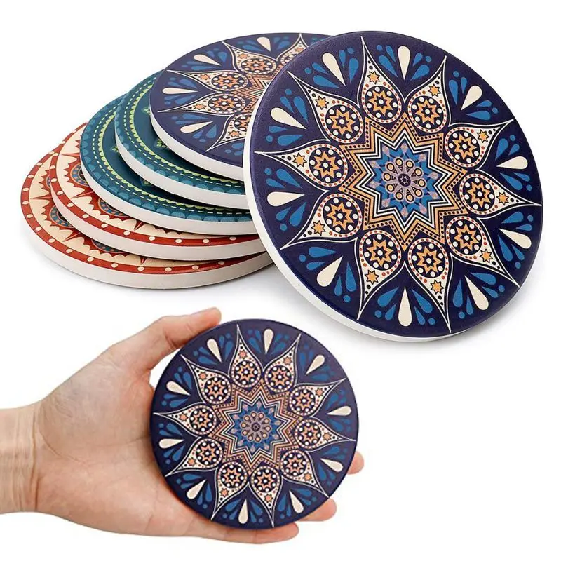 

6pcs/set Flower Drink Coasters Table Mats Moisture Absorbing Ceramic Cork Base Stone Tea Holder For Cup Mug Office Home