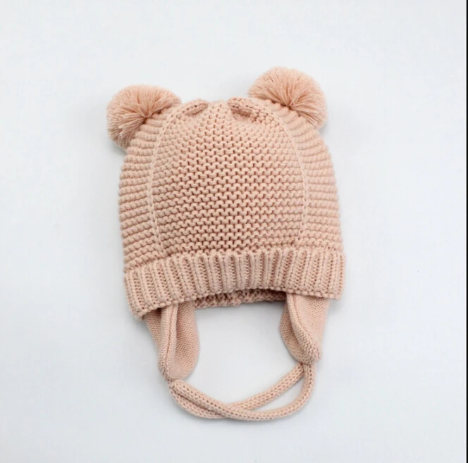 Милые зимние шапки Pudcoco для маленьких девочек и мальчиков; Теплая Вязаная Шапка-бини для малышей; однотонная Милая шапка с медвежьими ушками - Цвет: Розовый