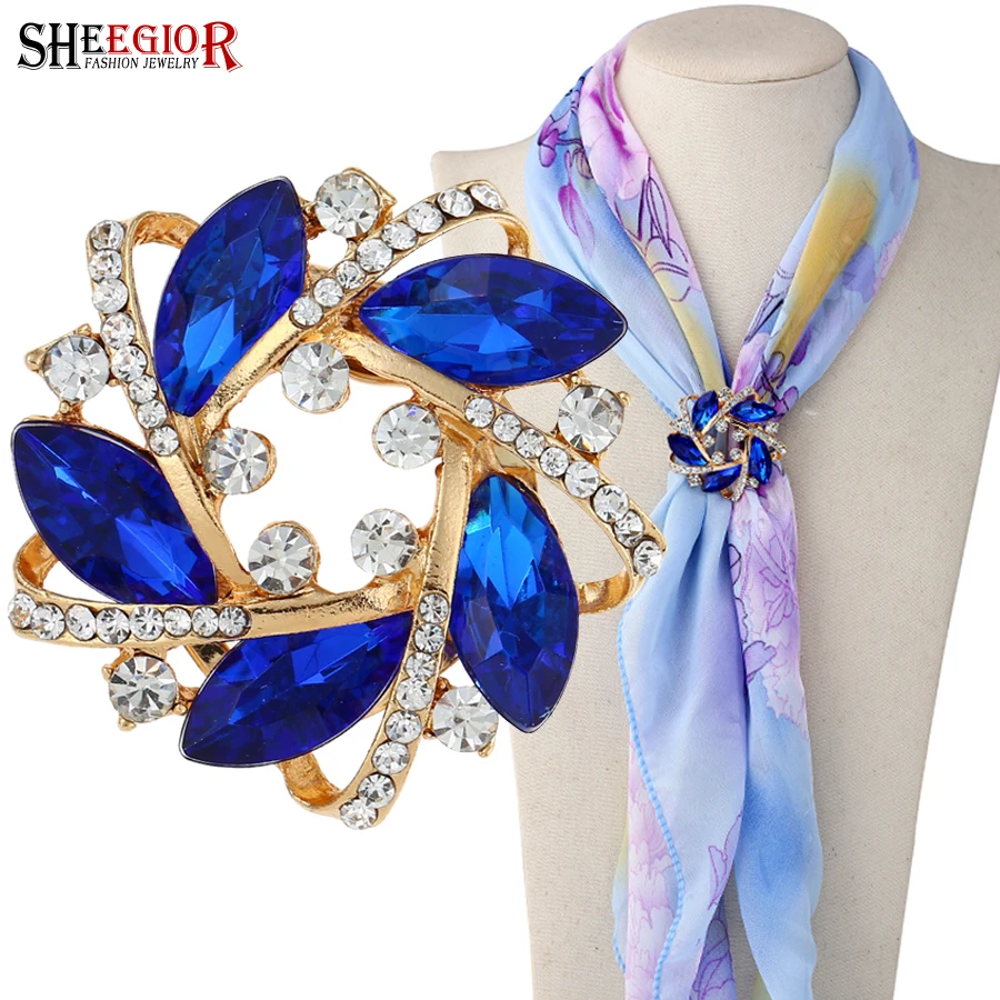 

SHEEGIOR Fashionable Opal Stone Flower Brooch Pins For Women Blue Crystal Flower Dress Accessories Jewelry Brooch Rhinestone Pin
