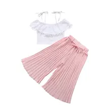 Полосатый кружевной комплект одежды для маленьких девочек; укороченный топ с открытыми плечами; футболка и штаны; милая Одежда для девочек; 2-7T