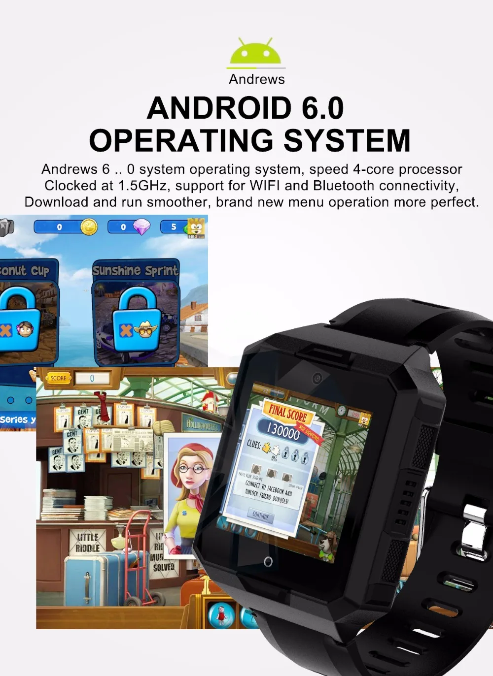  ELECTSHONG 4G Net Smart watch 8G ROM WIFI Smartwatch Heart Rate Blood Pressure Camera SIM Card GPS 