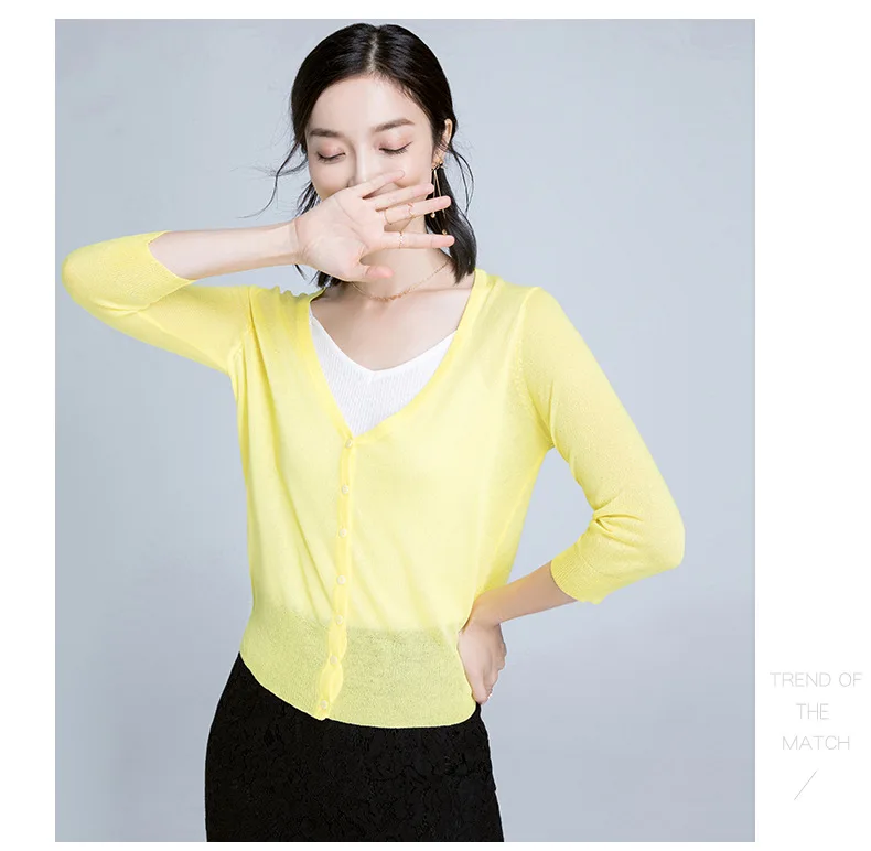 Macaron flash wire cotton thin female three quarter sleeve short design all-match knitted sunscreen air conditioning cardigan