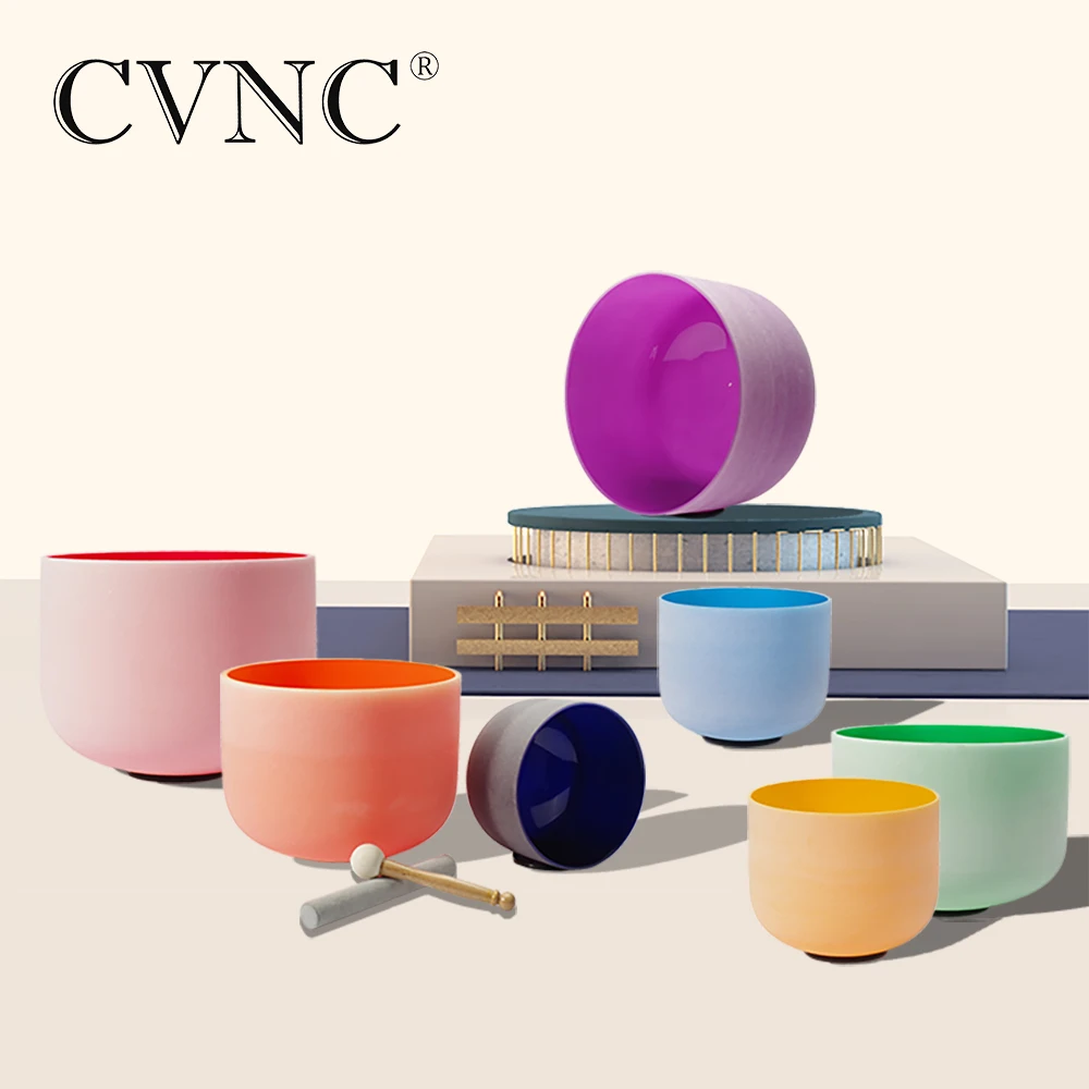 

CVNC 8"-14" Chakra Set of 7PCS Note C D E F G A B Color Frosted Quartz Crystal Singing Bowl