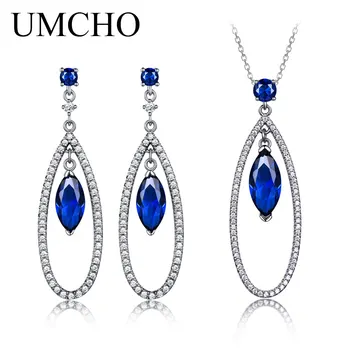 UMCHO 925 Sterling Silver Jewelry Sets Elegant Blue Sapphire Pendant Necklace Drop Earrings For Women Wedding Christmas Gift New