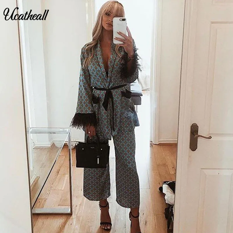 

2018 Two Piece Set Autumn Casual Printing Belt Coat+elastic Pants Womens Clothing 2 Piece Set Deep V Kimono Set