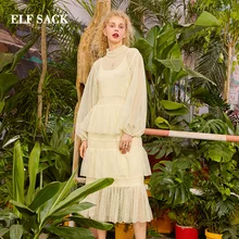 ELFSACK 2019 אביב חדש אלגנטי שמלת אישה O-צוואר אמצע עגל מוצק גבירותיי שמלות בוהמי שרוול פנס נשי מסיבת Vestidos(China)