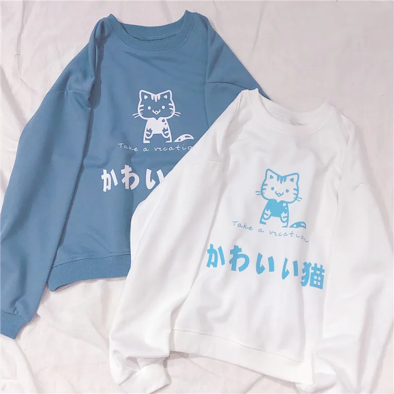 

Japanese Style Soft Sister Cute Cat Print Pattern Hoodie Pullover Long Sleeve Shirts Small Fresh Teen Girls Harajuku Sweatshirt