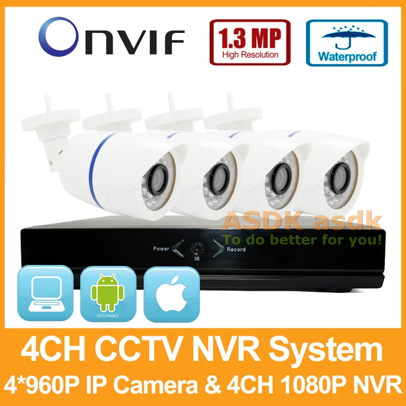 4CH Surveillance Camera NVR System 4CH HD 1080P NVR 4PCS Bullet 1280 x 960P 1.3MP Waterproof IP Camera CCTV Secuity Camera Kit