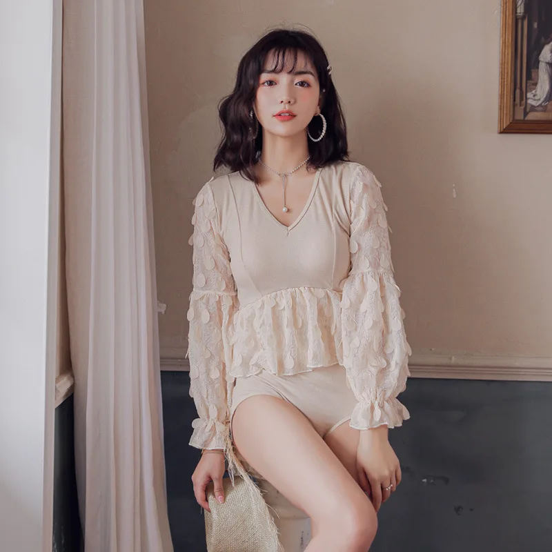 

Swimsuit Female Fused Swimwear 2019 Women One Piece May Beach Bikini One-Piece New Ins Korean Shaded Showing Leaf Long Sleeve