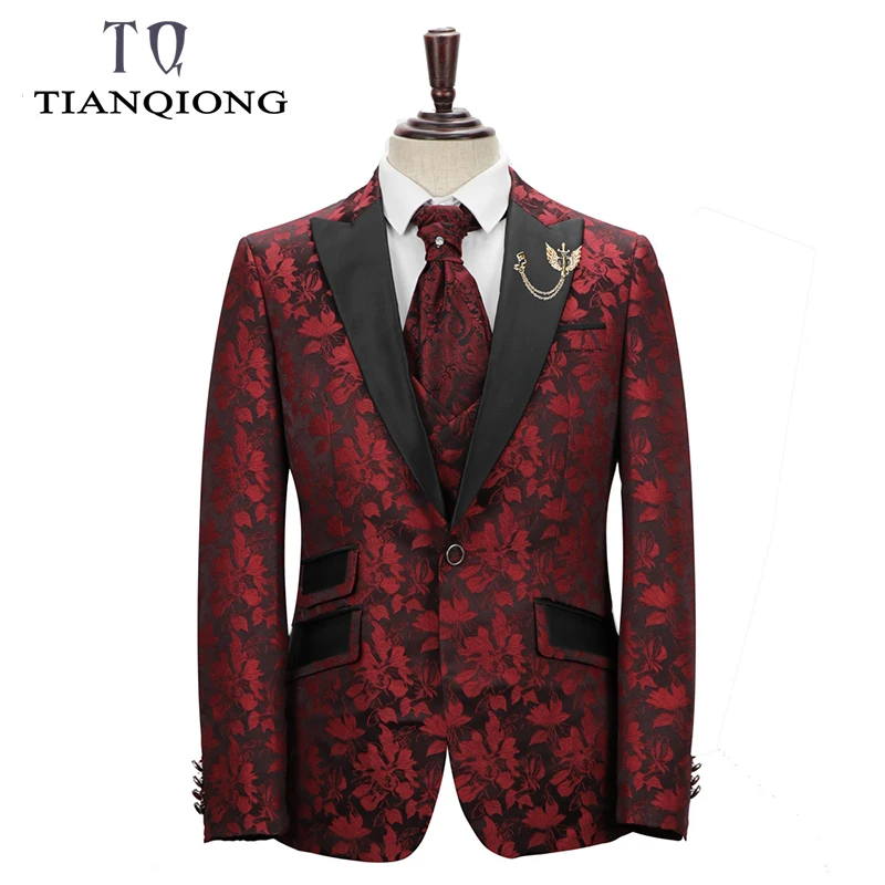 Тянь QIONG бренд мужской смокинг костюм плюс Размеры Цветочный принт Slim Fit Нарядные Костюмы для свадьбы для Для мужчин формальный сценический