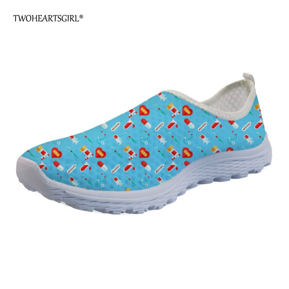 

Twoheartsgirl Cute Nurse Pattern Summer Mesh Shoes Breathable Slip-on Women Flats Comfortable Ladies Femme Loafers Sneakers Blue