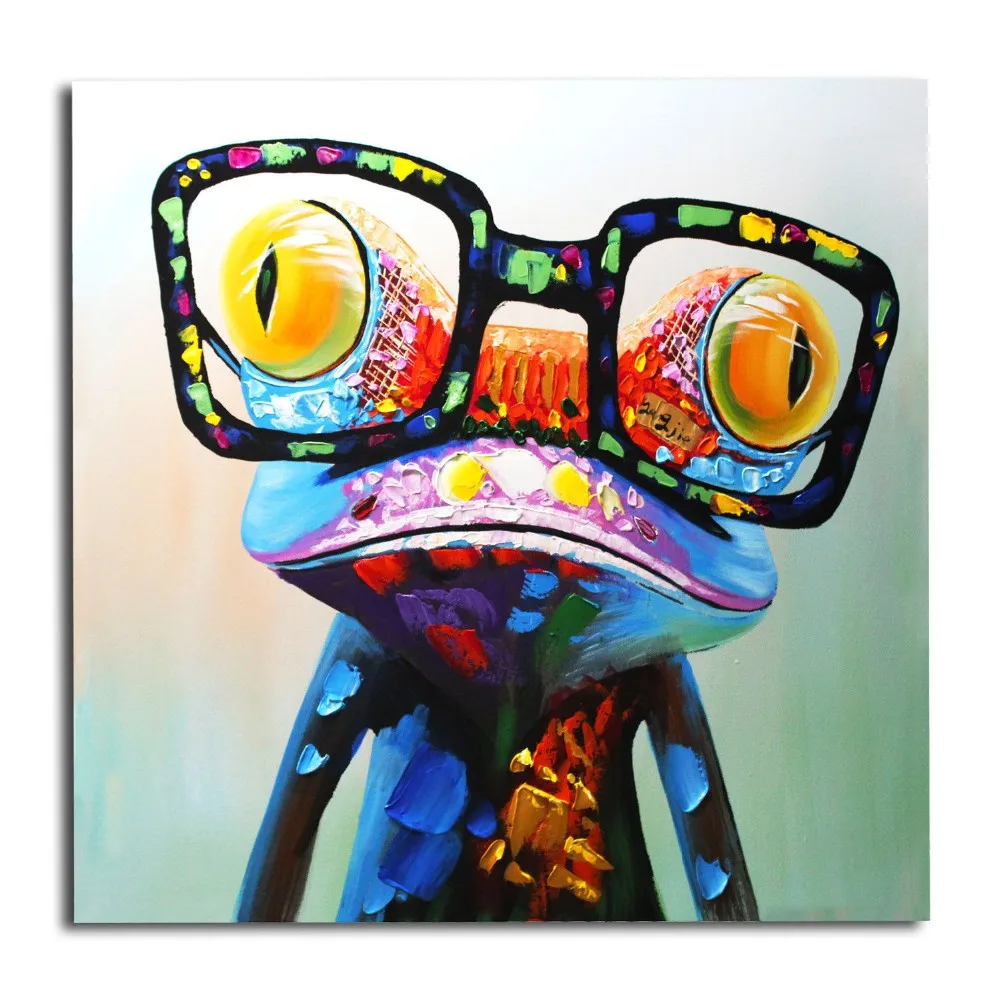 

Happy Frog Animal Handpainted Oil Painting Unframed Painting with Big Glasses Modern Art On Canvas for Wall Decoration