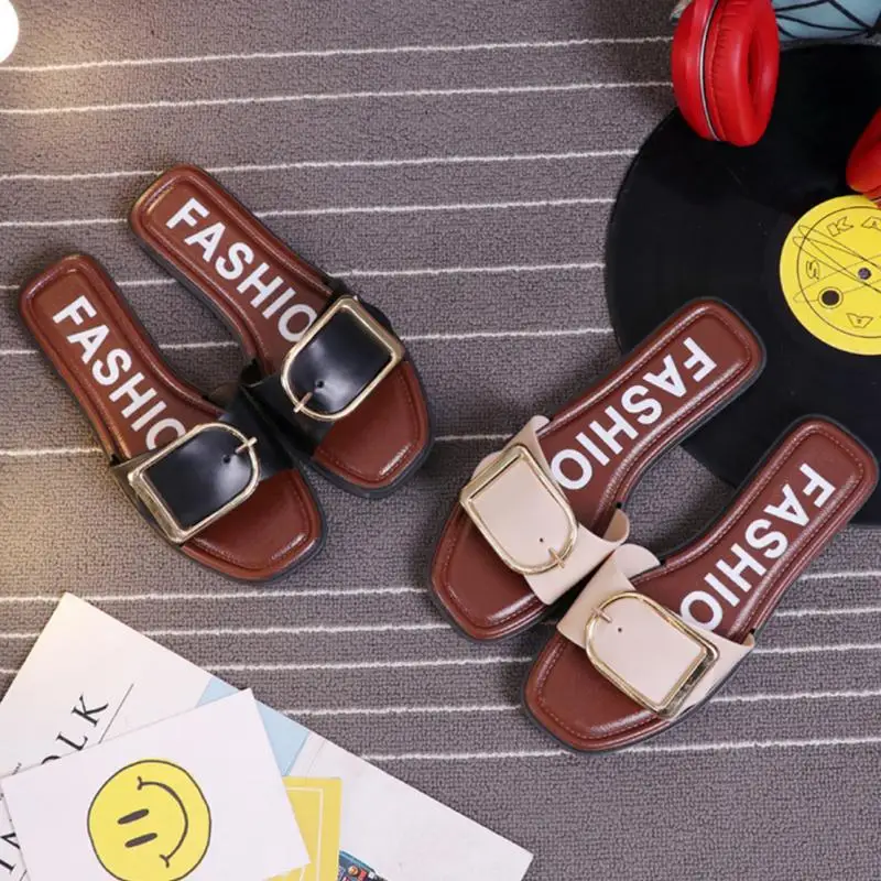 

Fashion Designer Summer Beach Slipper Women Outdoor Indoor Slippers Slides Square Buckle Non-slip Mules Sandals Slippers Black